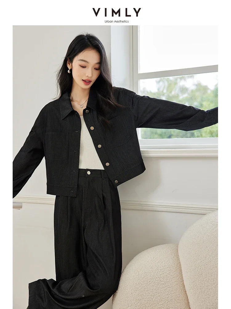 VIMLY Women's Winter New Vintage Casual Matching Set Autumn Simple New Cardigan Jacket+Wide Leg Pants Commuter Two Piece Set