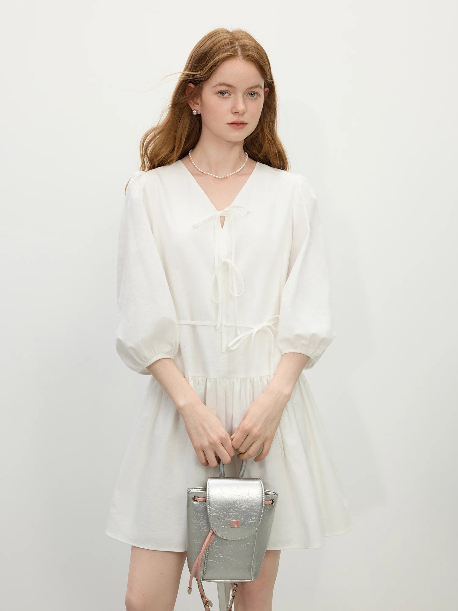 FSLE Office Lady French V-Neck Bow A-Line Dress 2025 Summer High-Waisted Linen Blend Casual To Chic Boho