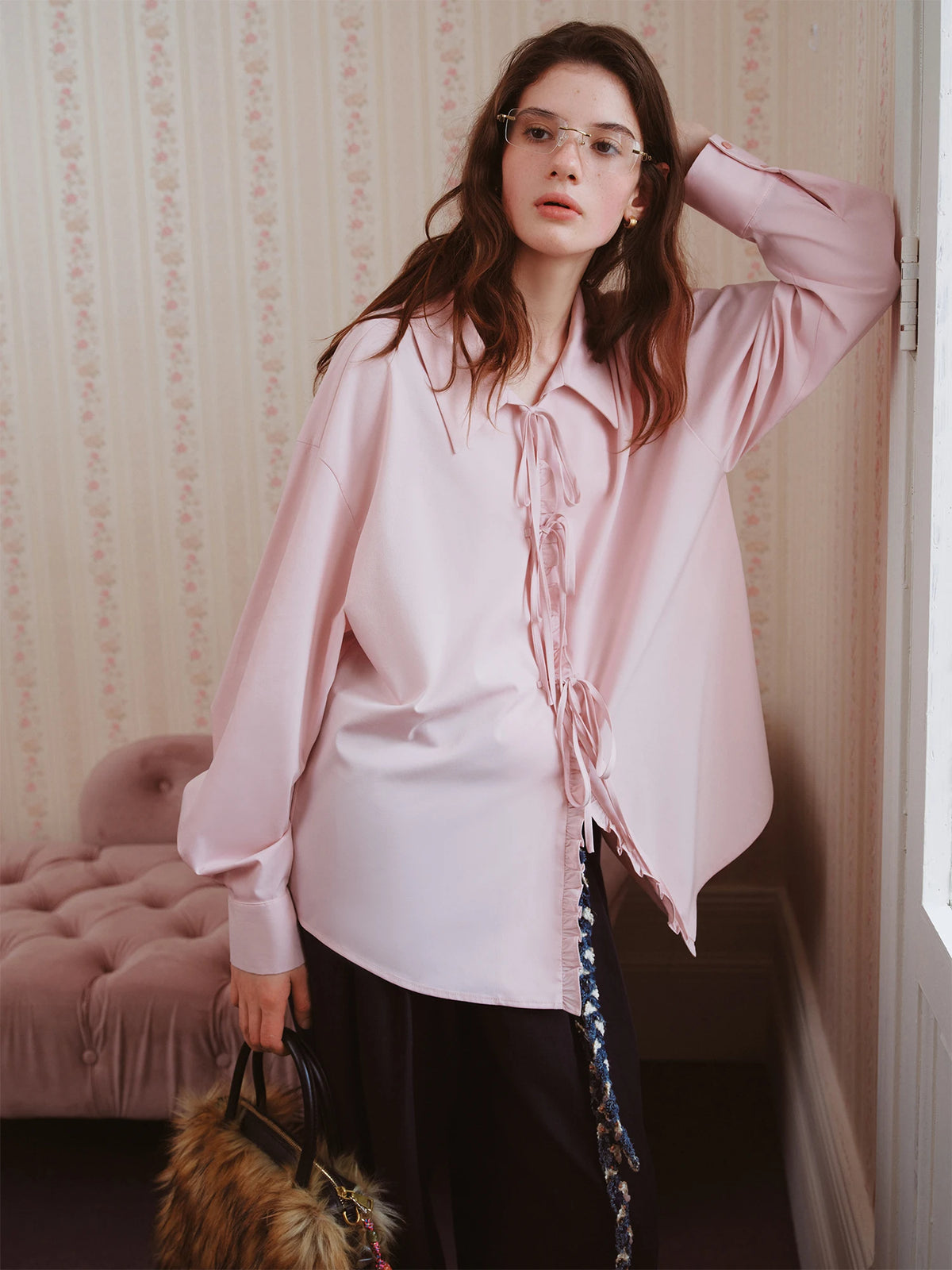 FSLE Autumn 2025 Women's French Inspired Blouse - Ruffle Trim Tie Front Loose Fit Shirt Collar Top Soft Blend Daily Wear