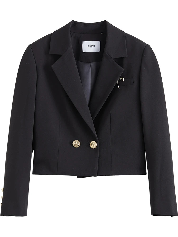ZIQIAO Autumn Suit Collar Full Regular Sleeve Short Blazers Loose Office Lady Detachable Brooch Double Breasted Spring Jackets