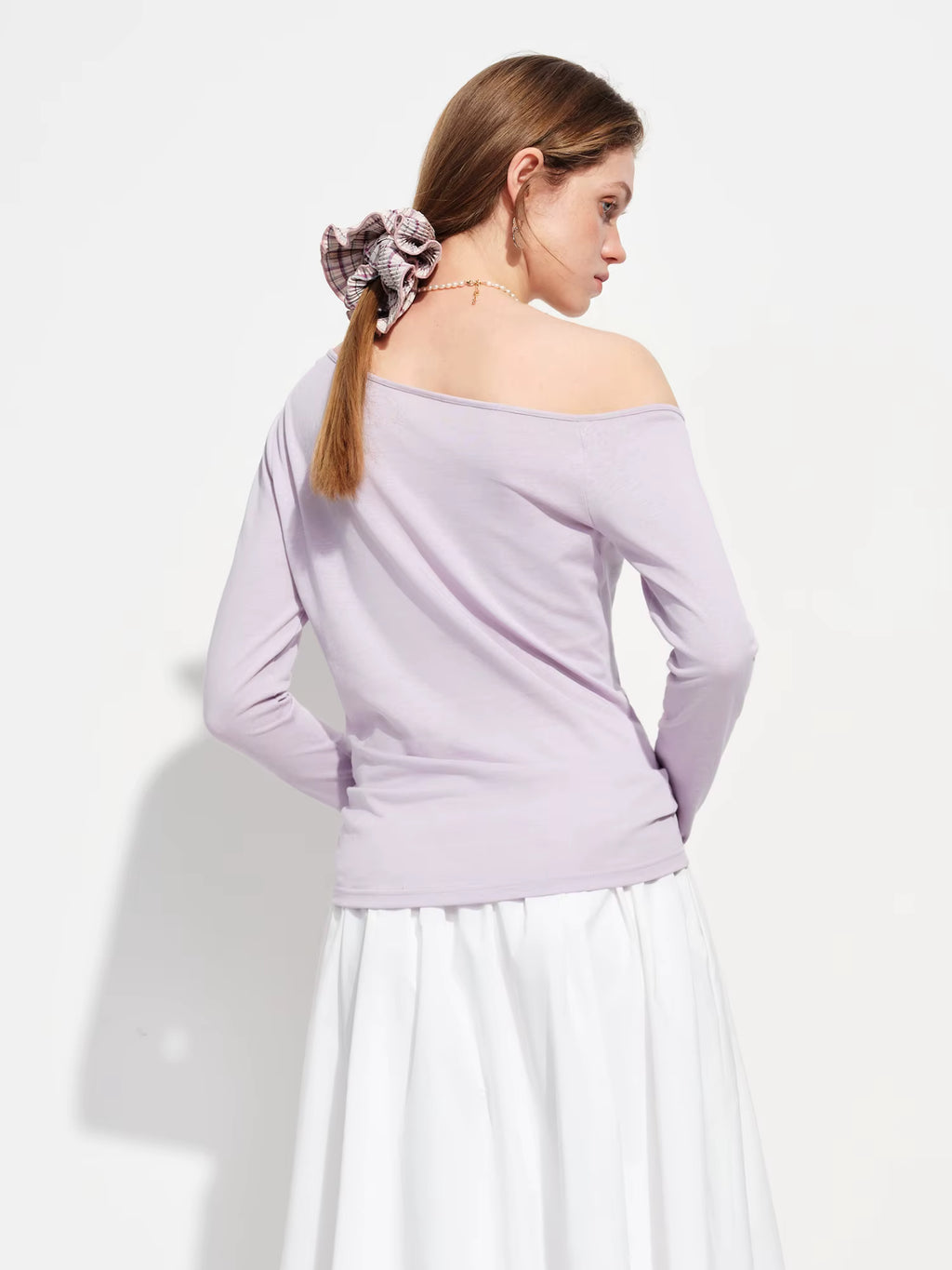 Sweet Off-Shoulder Cut-Out Design Linen Blend Long-Sleeve T-Shirt Spring 2026 New Arrival Skew collar Cotton Tops