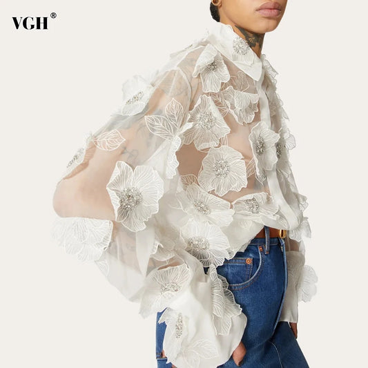 VGH Patchwork Appliques Solid Casual Blouses For Women Lapel Long Sleeve Spliced Sheer Mesh Temperament Loose Shirts Female New