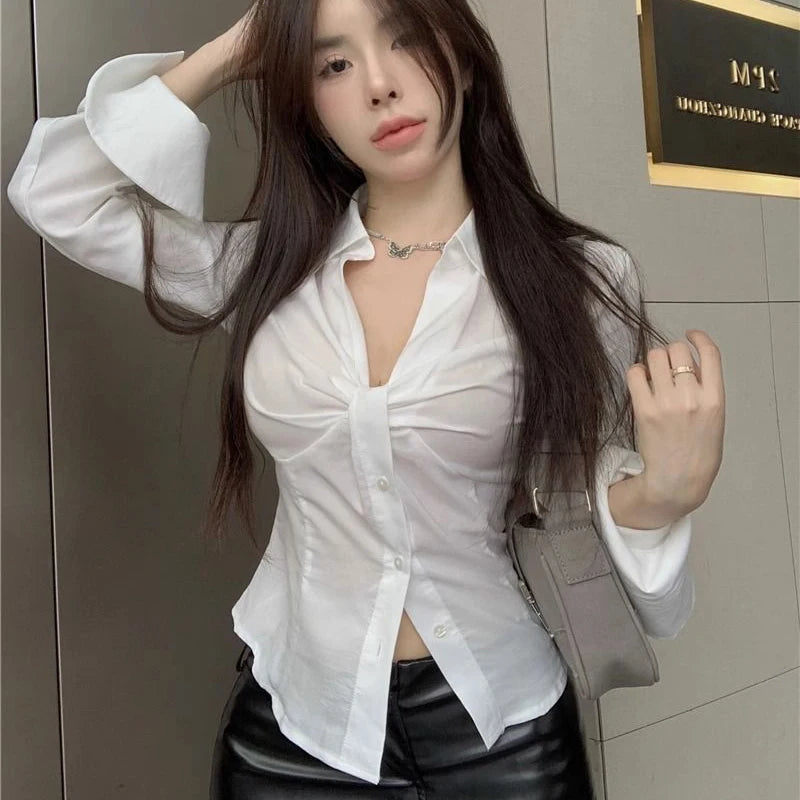 Women Elegant White Shirt Summer Sexy V Neck Folds Chic Crop Blouses Korean Streetwear Flared Long Sleeve Tops New