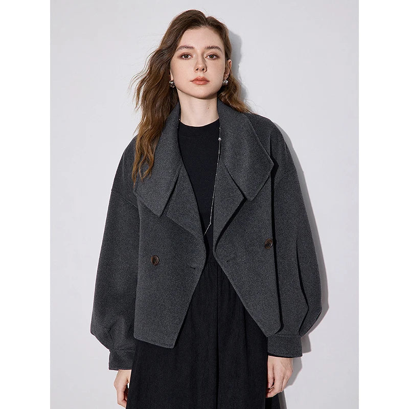 TOYOUTH Women Double Sided Woolen Coat 2024 Autumn and Winter New Lapel Collar Lantern Sleeve One Button Short Style Jacket Coat