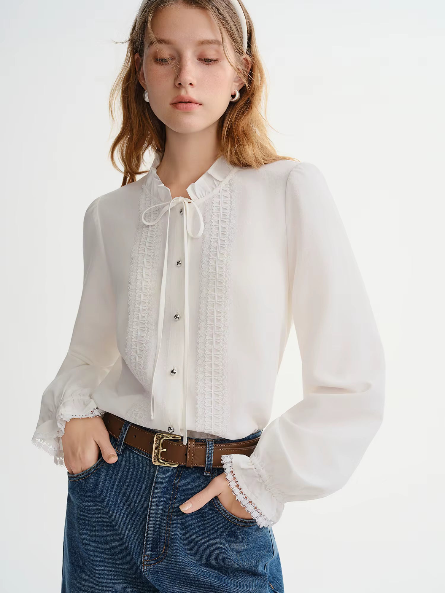 Plus-size Women's Clothing Jasmine Tale French-style Wooden Collar Stay Tie-front White Shirt Winter 2025 New Slimming Top