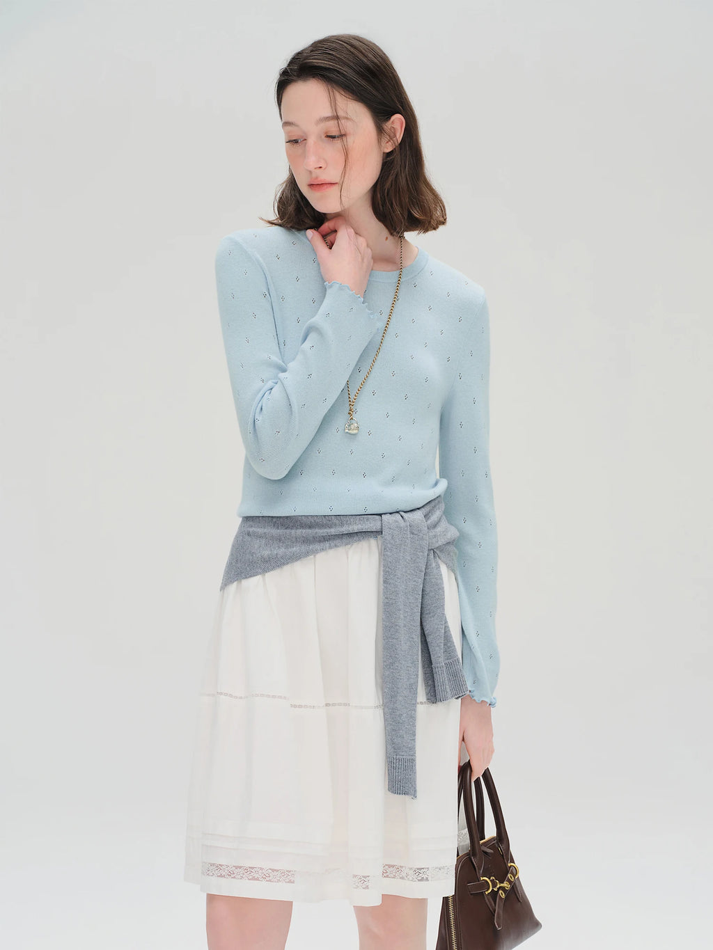 DUSHU Autumn 2025 Women's Round Neck Knit Top - Eyelet Trim Lace Edge Ribbed Texture Office Casual Blouse with Loose Fit