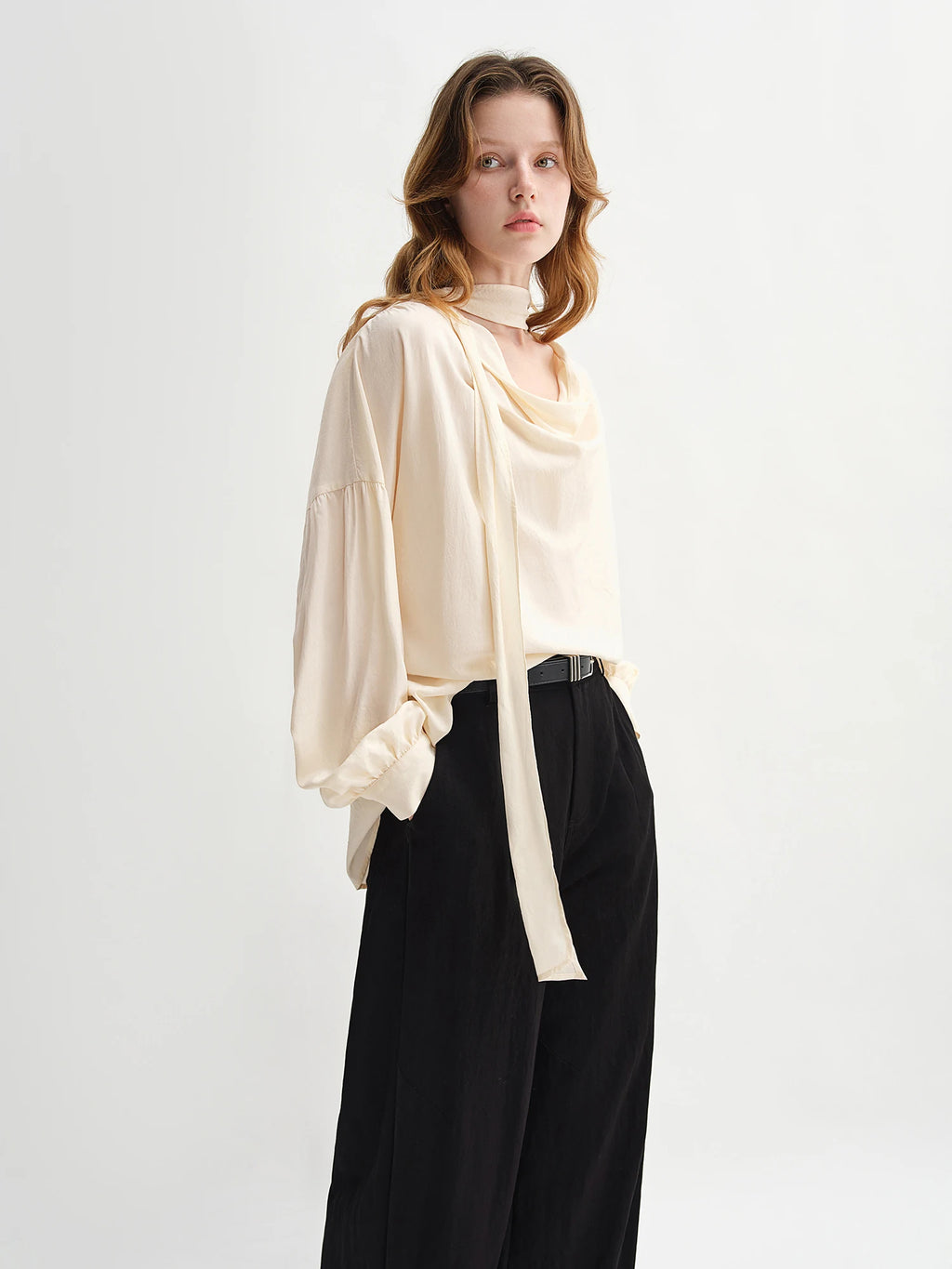 DUSHU Autumn 2025 Women's Drop Shoulder Top - Moonlight-inspired Ribbon Trim Lyocell Blend Elegant Loose Fit Casual Blouse