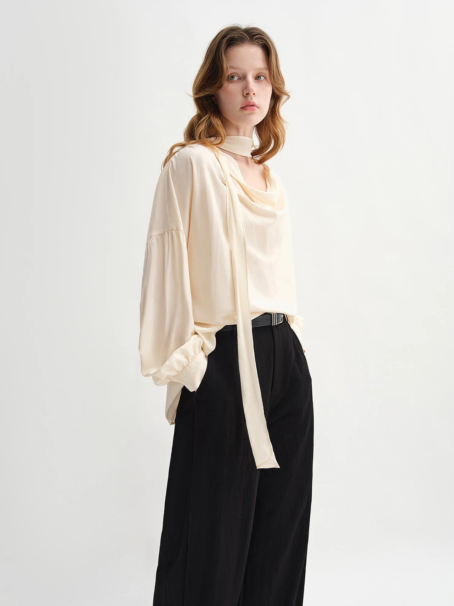 DUSHU Autumn 2025 Women's Drop Shoulder Top - Moonlight-inspired Ribbon Trim Lyocell Blend Elegant Loose Fit Casual Blouse