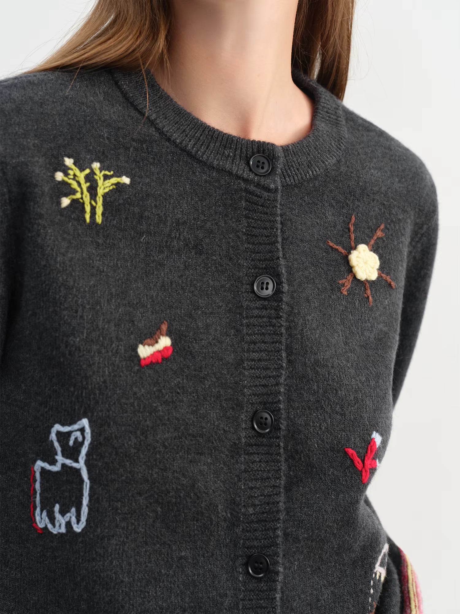 2025 Winter Women's Cute Knit Cardigan Round Neck Hand Embroidered Casual Top Soft Yarn Open Front Sweater Daily Loungewear