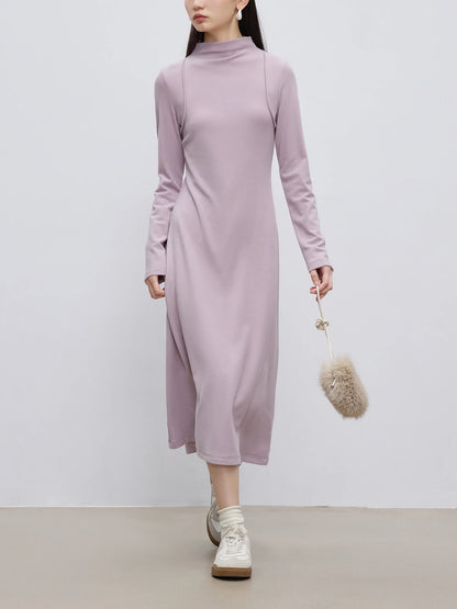 ZIQIAO Women Long Knit Dress Mock Neck Soft Female Gentle Style Purple Long X-LINE Dress Winter Black All-Match Dress 24ZQ94296