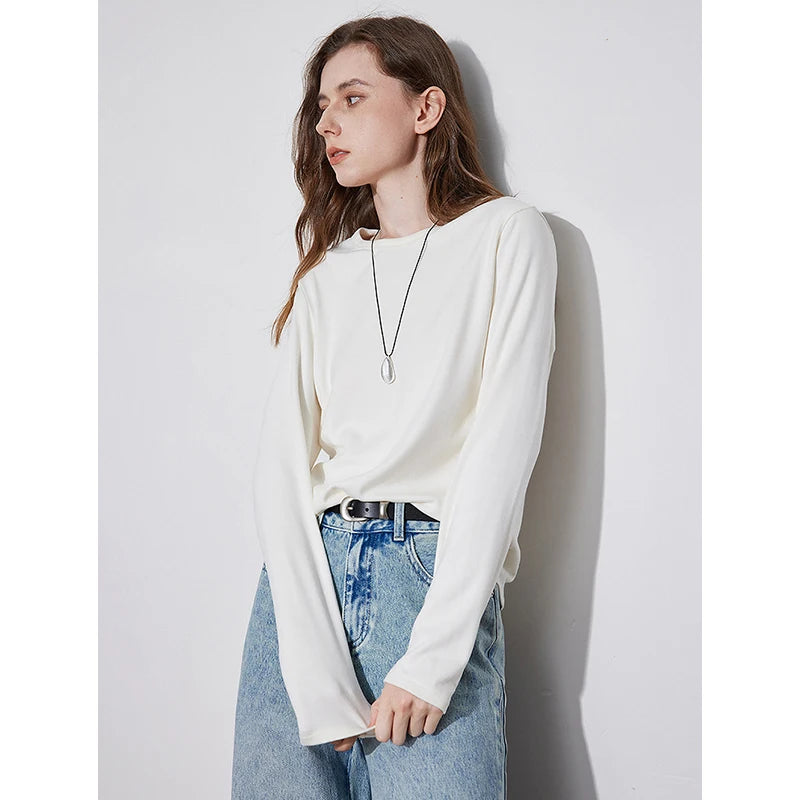TOYOTUH Women Long Sleeve T-shirt 2024 Autumn and Winter New Fleece Round Neck Thicking Warm Basic Shirt Tops