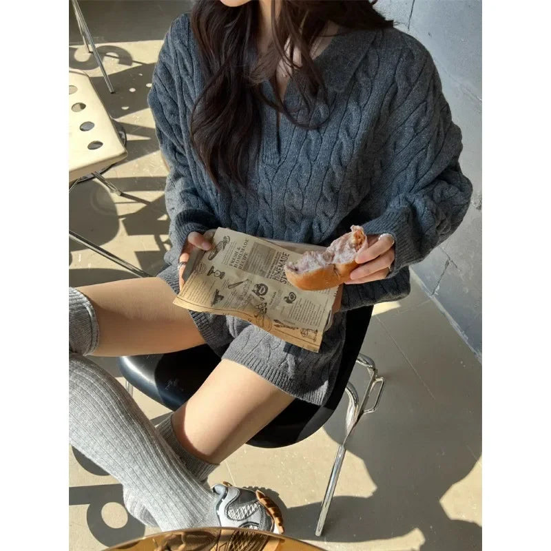 Deeptown White Basic Women Kint Sweater Long Sleeve Oversized Pullovers Korean Fashion Autumn Jerseys Old Money Casual Jumper
