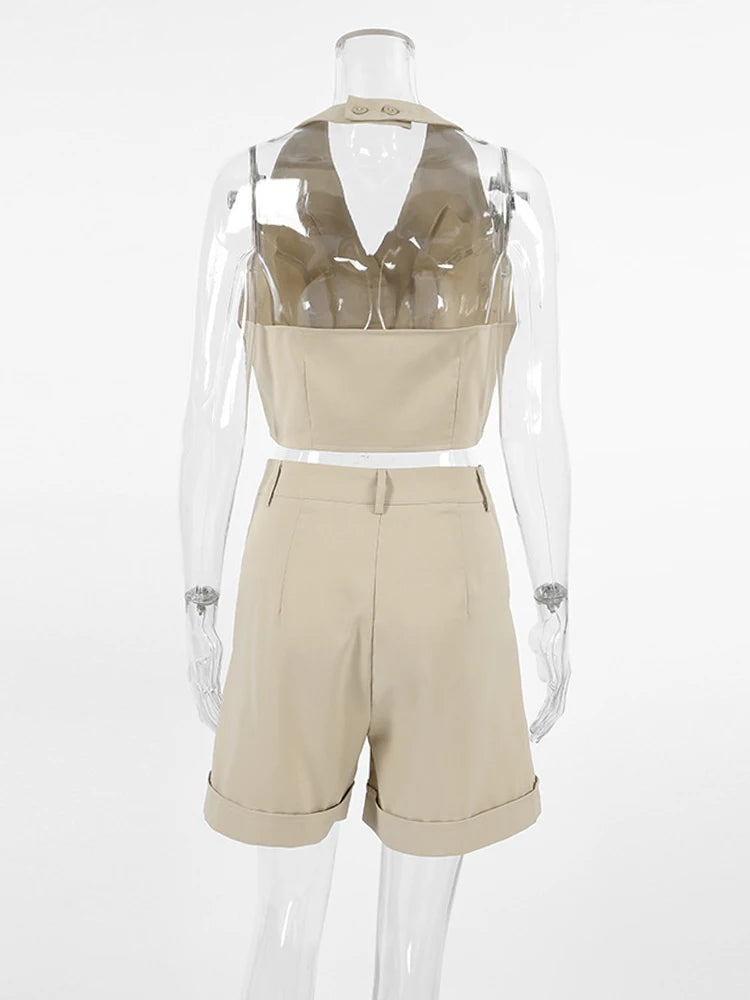 Mueyaruho 2024 Spring Summer Women Office Shorts Suit Set Solid Khaki Sleeveless Halter Outfit 2 Piece Matching Sets For Women