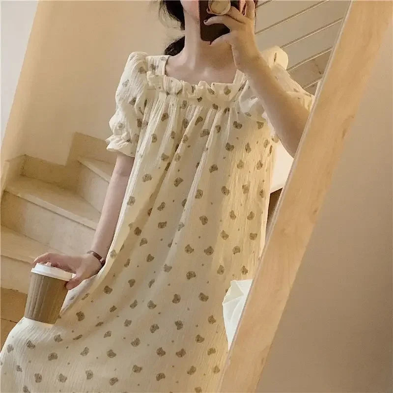 Pajamas Dress Mid Length Loose Cute Korean Version Sleepwear and Robe Bath Women's Bathrobe Home Wear Onesie New Nightwear Woman
