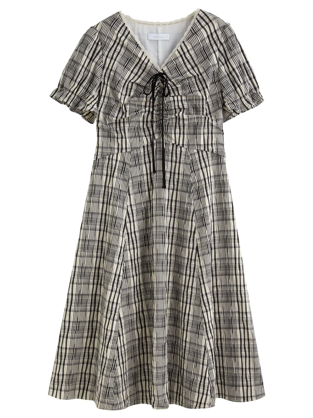 DUSHU Plus Size Contrast Color Pleated Plaid Dress 2025 Summer Lace V-neck French Elegant Style Mid-length Dress