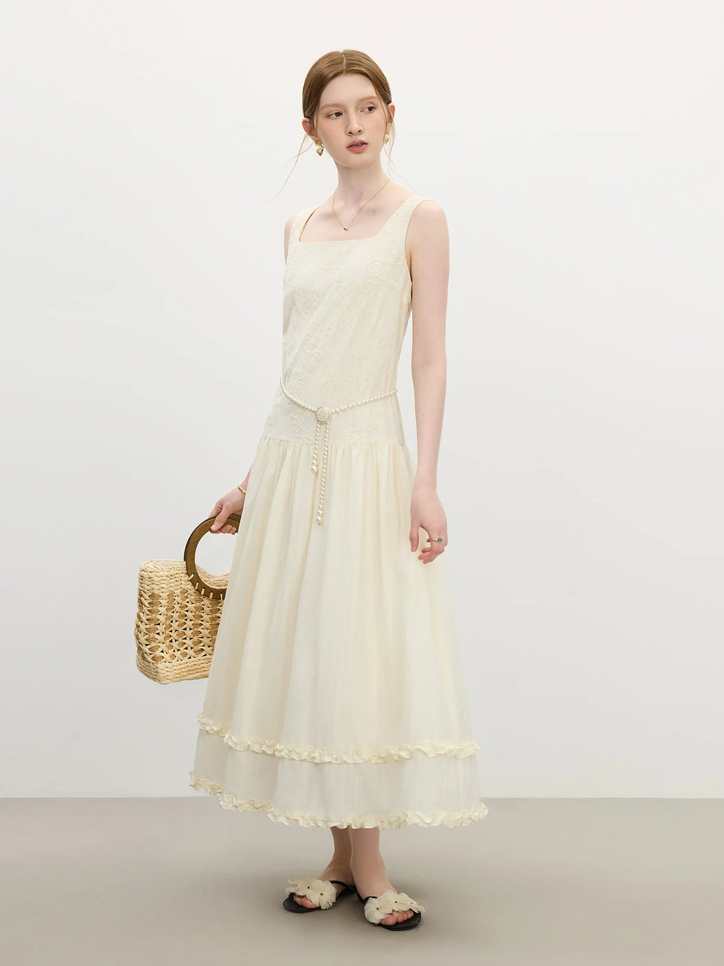 FSLE Elegant Sleeveless Square-neckline Embroidered Dress Women's Body-shaping Slimming New Summer 2025 Dresses