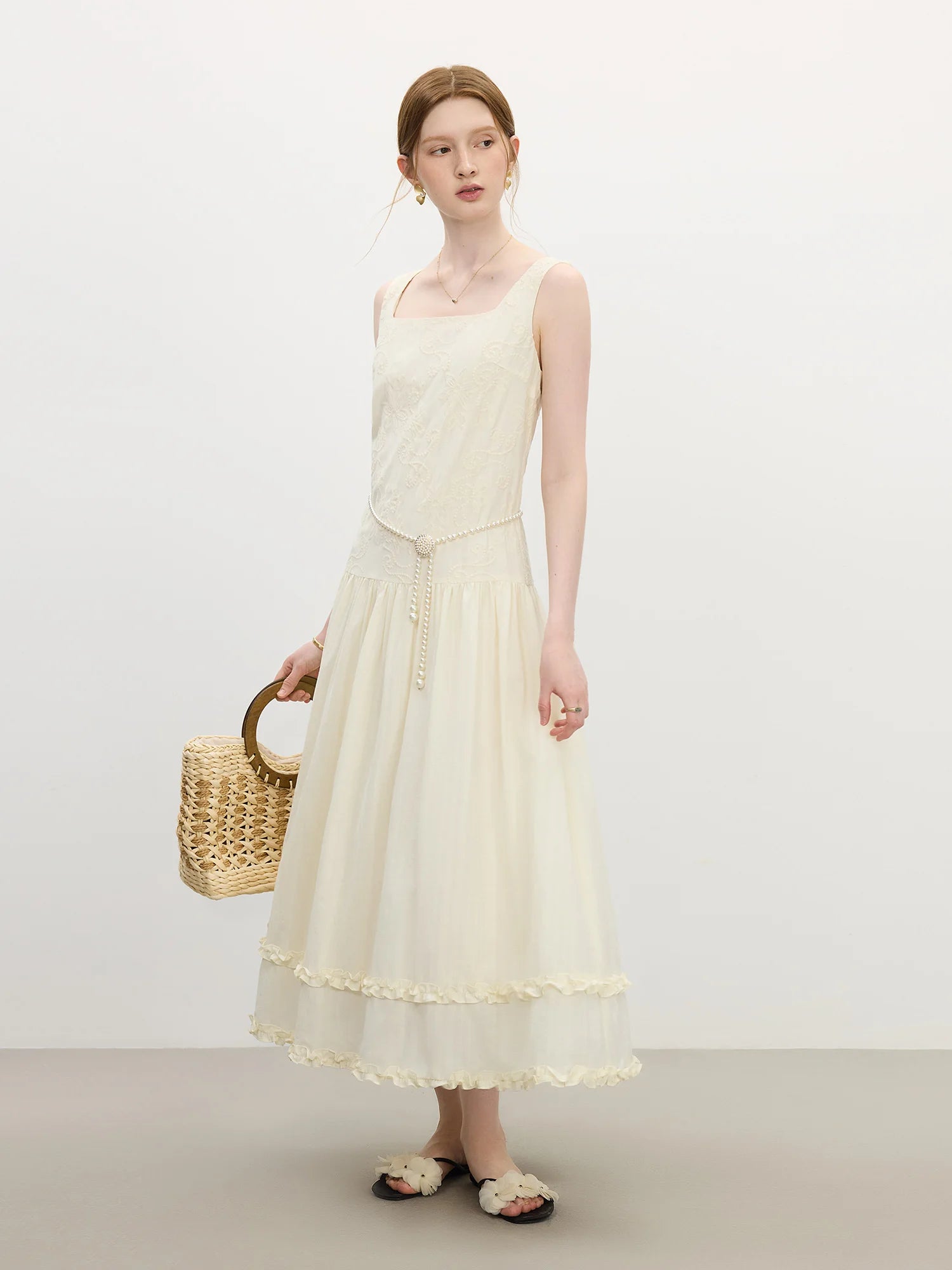 FSLE Elegant Sleeveless Square-neckline Embroidered Dress Women's Body-shaping Slimming New Summer 2025 Dresses