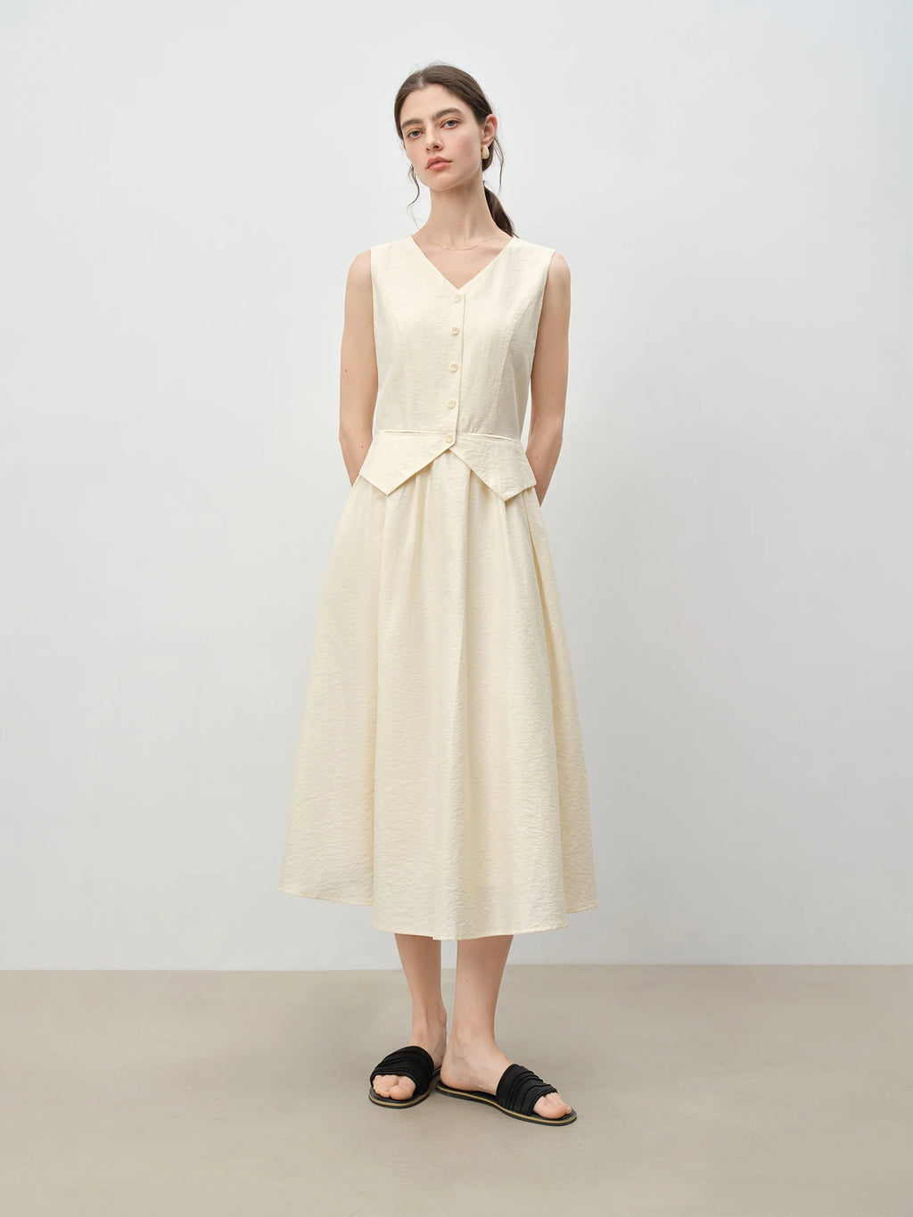 ZIQIAO Linen Material Design Waist Dress Women 2025 Summer New Temperament Slim Vest Dress