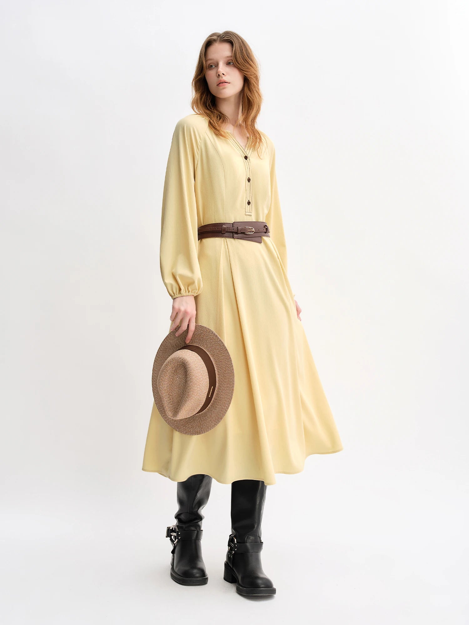 DUSHU Plus Size Women's Apple-shaped Color-blocked Oversized Long Sleeve Dress Autumn 2025 New Arrival Office Casual