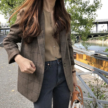 Spring Autumn Summer Plaid Blazer Women Jacket New Korean Style Slim Long Sleeve Casual Fashion Business Suit Coats Woman