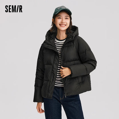 Semir Down Jacket Women Solid Color Loose Versatile 2024 Winter New Three-Proof Hooded Puffer Coat Down Jacket