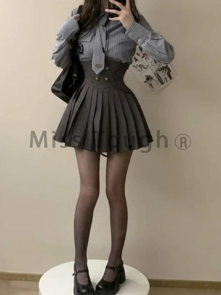 Gray Preppy Style 3 Piece Set Women Korean Fashion Y2k Mini Skirt Suit Female Casual Stripe Blouse＋Chic Coat＋Elegant Skirt