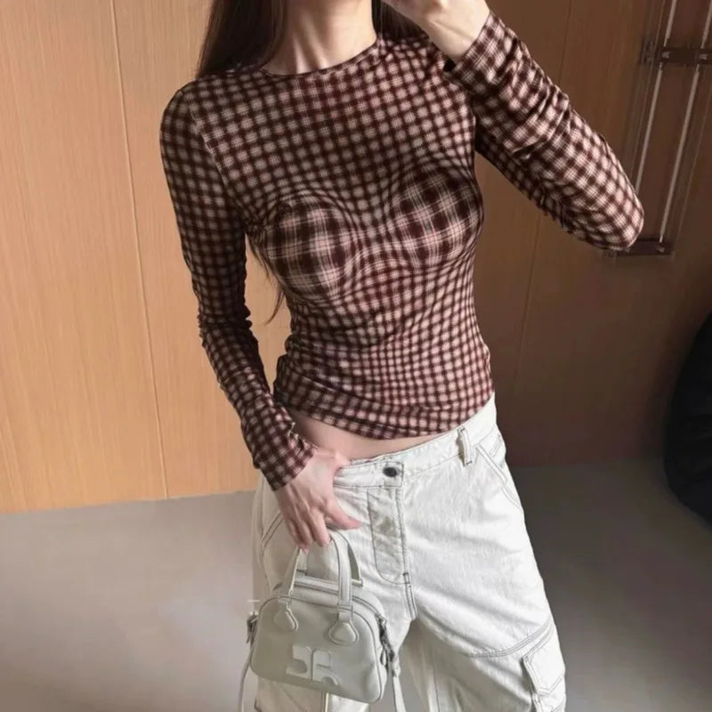 Kpop Plaid Streetwear Long Sleeved Shirts Women Round Neck Punk Style Slim T-shirts Brown Sexy Crop Tops Y2K Grunge Shirts For Women