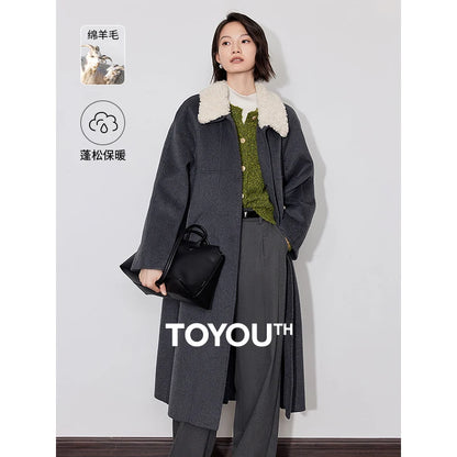 TOYOUTH Women Double Sided Woolen Coat 2024 Winter New Plush Lapel Collar Straight Long Coat