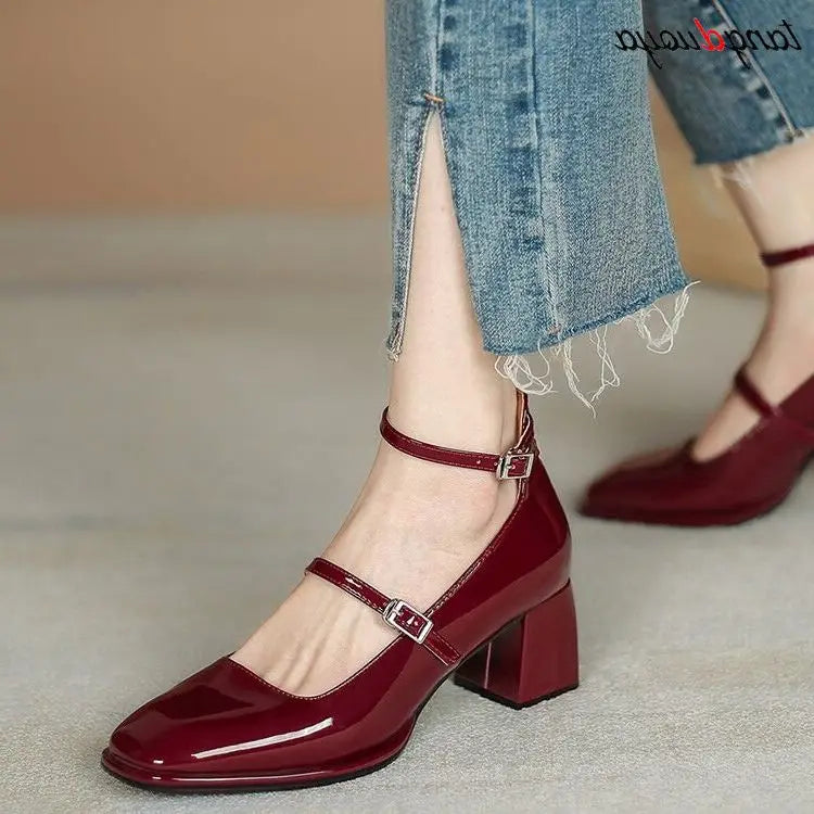 Women heels Shoes Mary Jane Shoes Woman Pumps Patent Leather High Heels Dress Shoes Red Wedding Shoes Spring 2024 Double Buckle