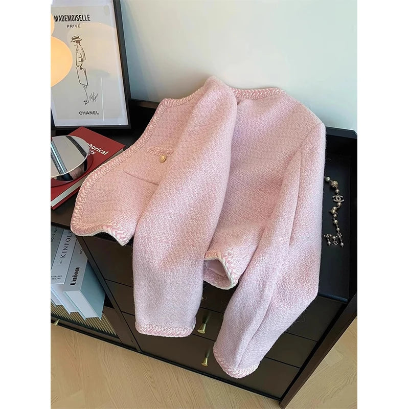 MEXZT Elegant Tweed Jacket Women Sweet Cropped Pink Coat Winter Korean Single Breasted Blazer Ladies Vintage Short Outerwear New