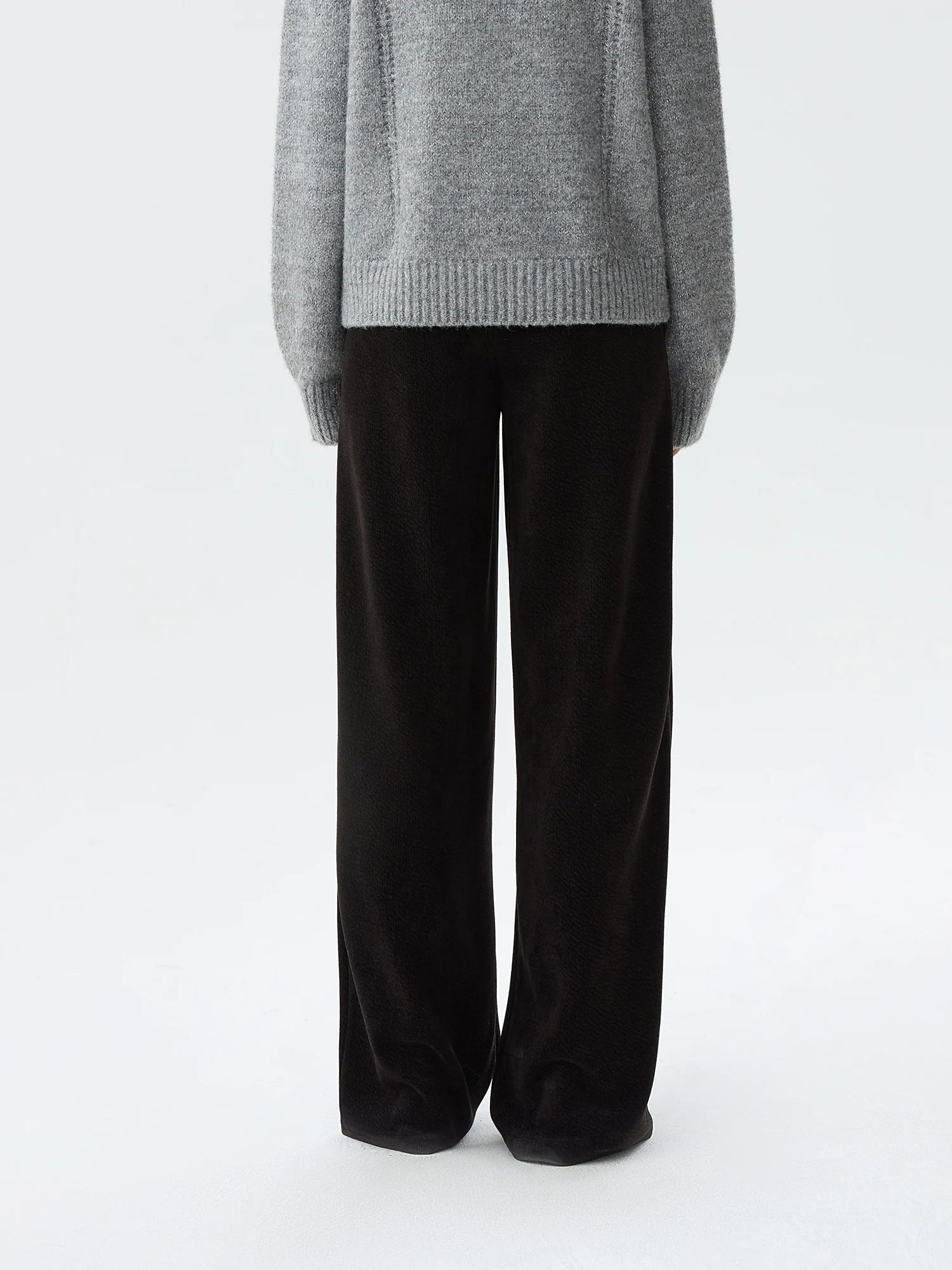 FSLE Women Black Thicken Long Trousers High Elastic Waist Female Knitted Straight Casual Style Pants Simple 700G Pant 24FS14701