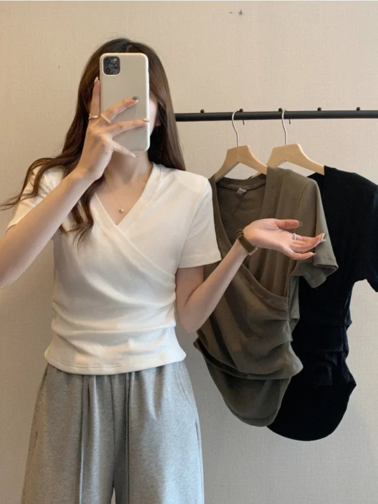 2024 Summer New Korean Fashion Cross V-neck Women's T-shirt Short Sleeve Slim Bottoming Shirts Crop Top Youthful Woman Clothes