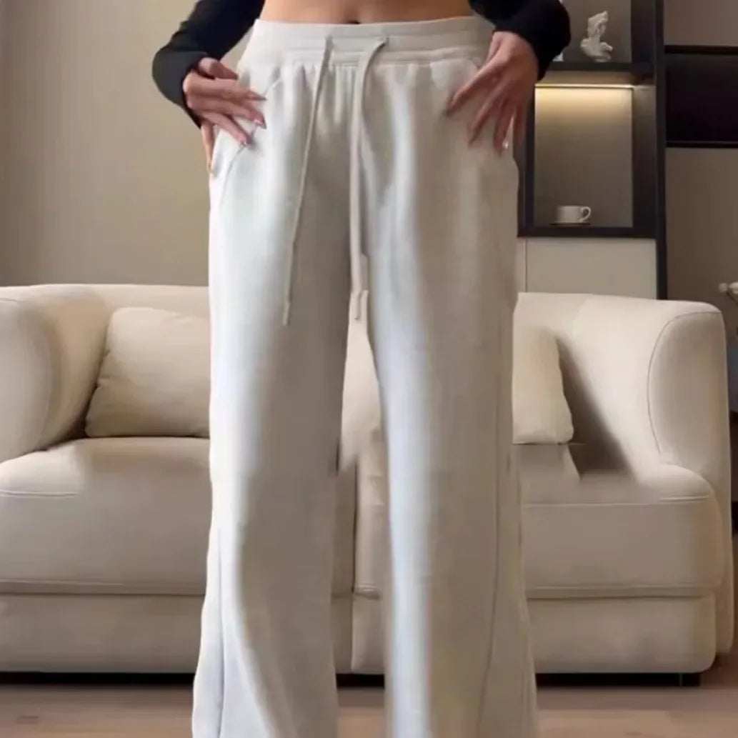 American Style High-waisted Slimming Wide-leg Pants For Women Casual Fleece-lined Thickened Petite Autumn/winter Trousers