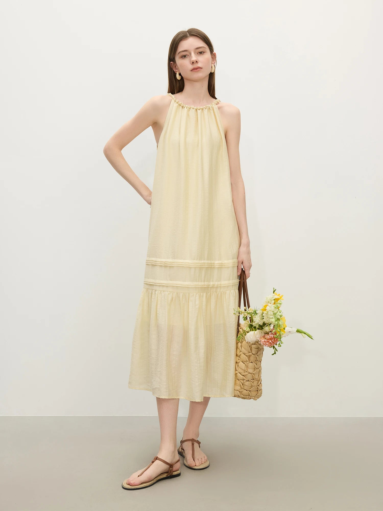FSLE 2025 Summer Women's Sunshine Yellow Cross-Back Maxi Dress - French-Inspired Relaxed Fit & Beach-Ready Linen Blend Dress