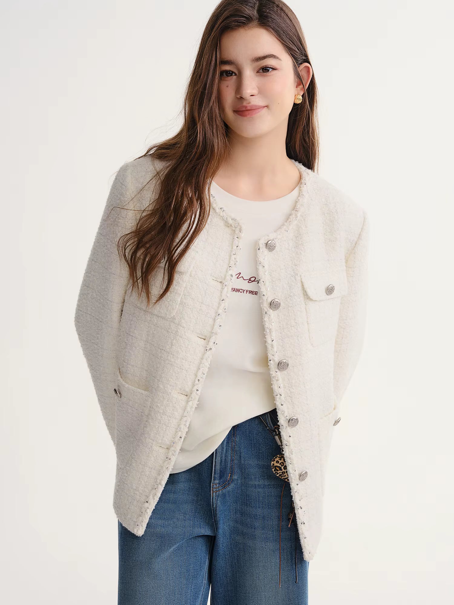 Autumn Winter 2025 Women's Embellished Tweed Jacket - Heavy Craft Lace Trim & Braided Detail Casual Elegance Outerwear