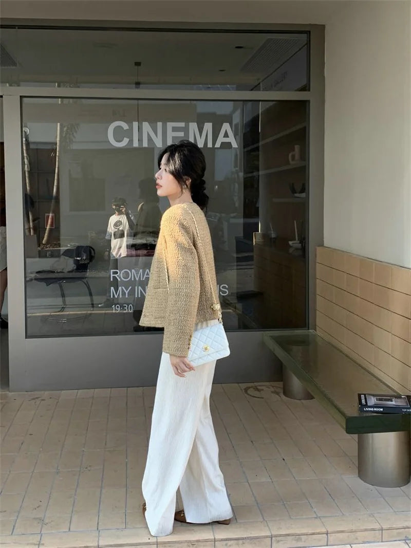 Fashion Loose Round Neck Beautiful Women Loose Spring And Autumn Short Retro High Quality Temperament Round Collar Tweed Coat