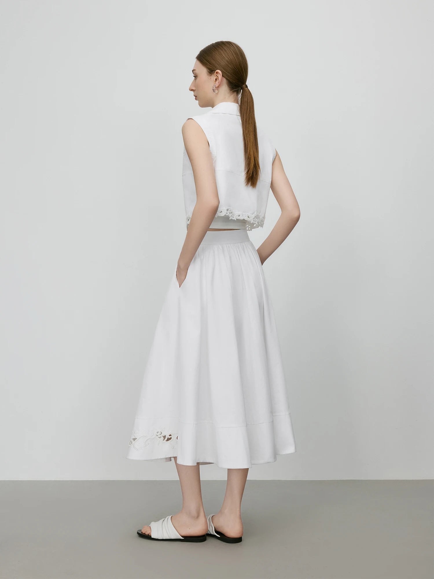 FSLE【Premium Series】100% Cotton Embroidery Design Female Sleeveless Shirt Zipper Waist Long A-LINE Skirts 2025 Summer