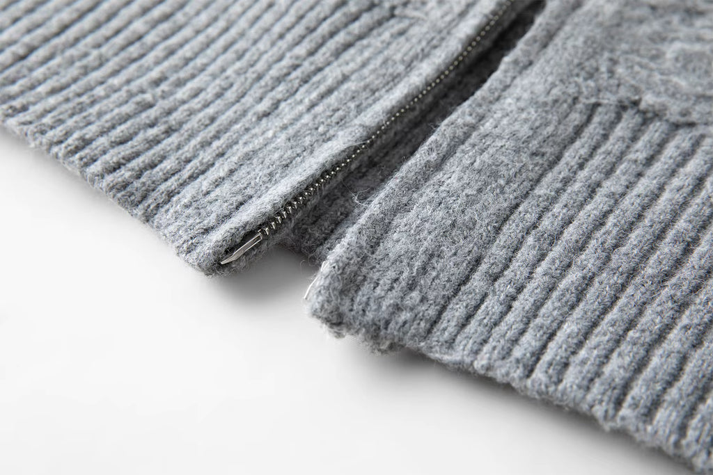 2025 Winter Women's Grey Preppy Style Wide Notch Lapel Knit Cardigan - Casual Commute Open Front Sweater for Daily Elegant