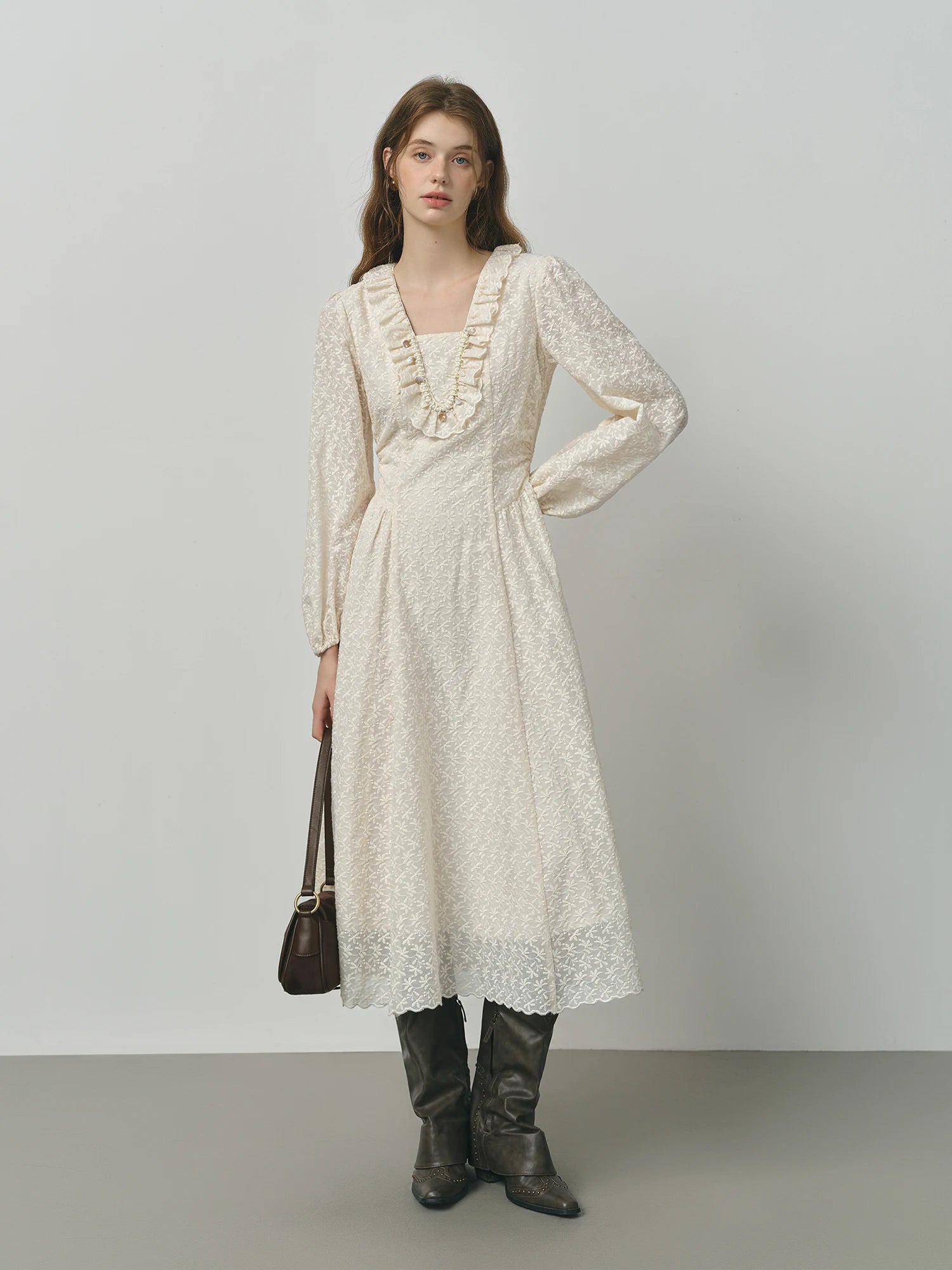 FSLE Autumn 2025 Women's V-Neck Dress - Long Sleeve Romantic Floral Embroidery Lace Trim Pearl Accents Loose Maxi Dress