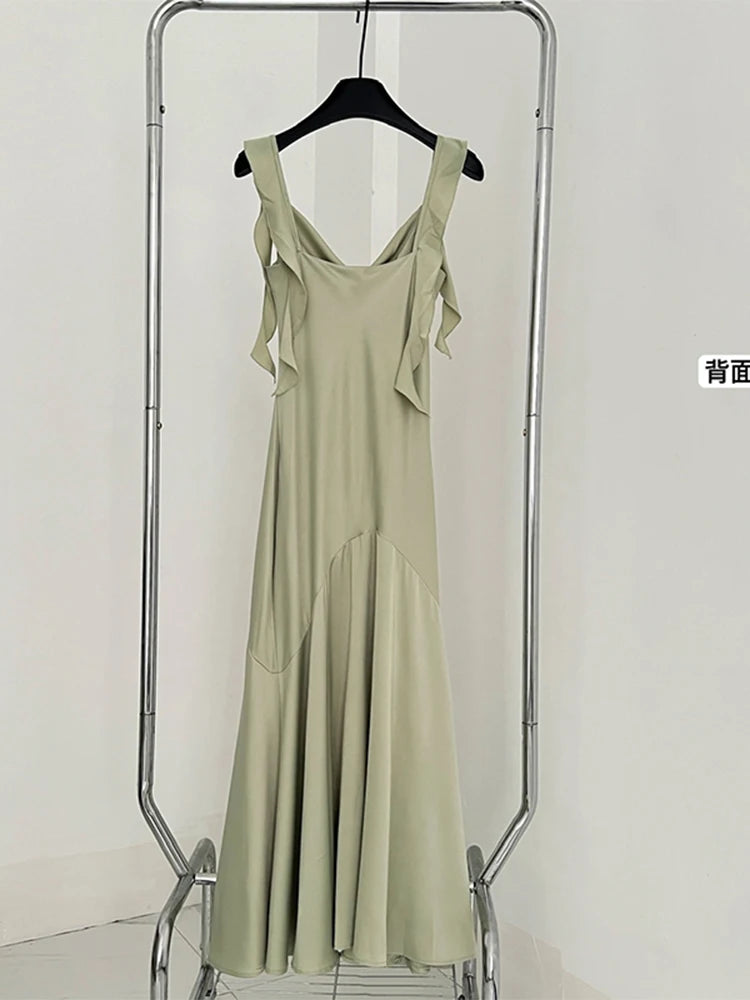 Summer French Fashion Vintage Long Prom Satin Dress Maxi Solid Colour Frocks Party Tunic Robe