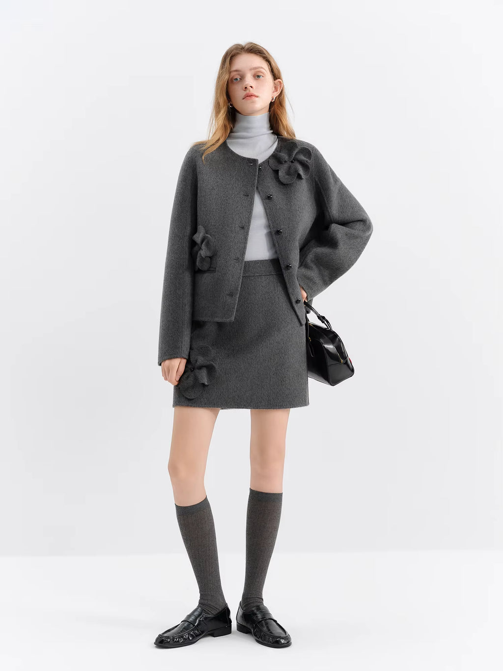 2025 Winter Women Short Wool Blend Coat Set with 3D Floral Pattern - Elegant Two-Piece Outerwear for Casual and Date Nights