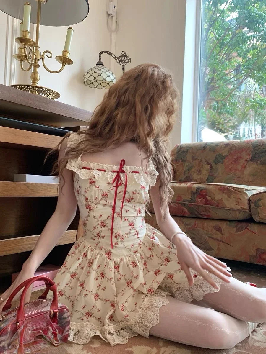 Cherry Rogue Rosebuds Coquette Red garnet corset dress with cardigan