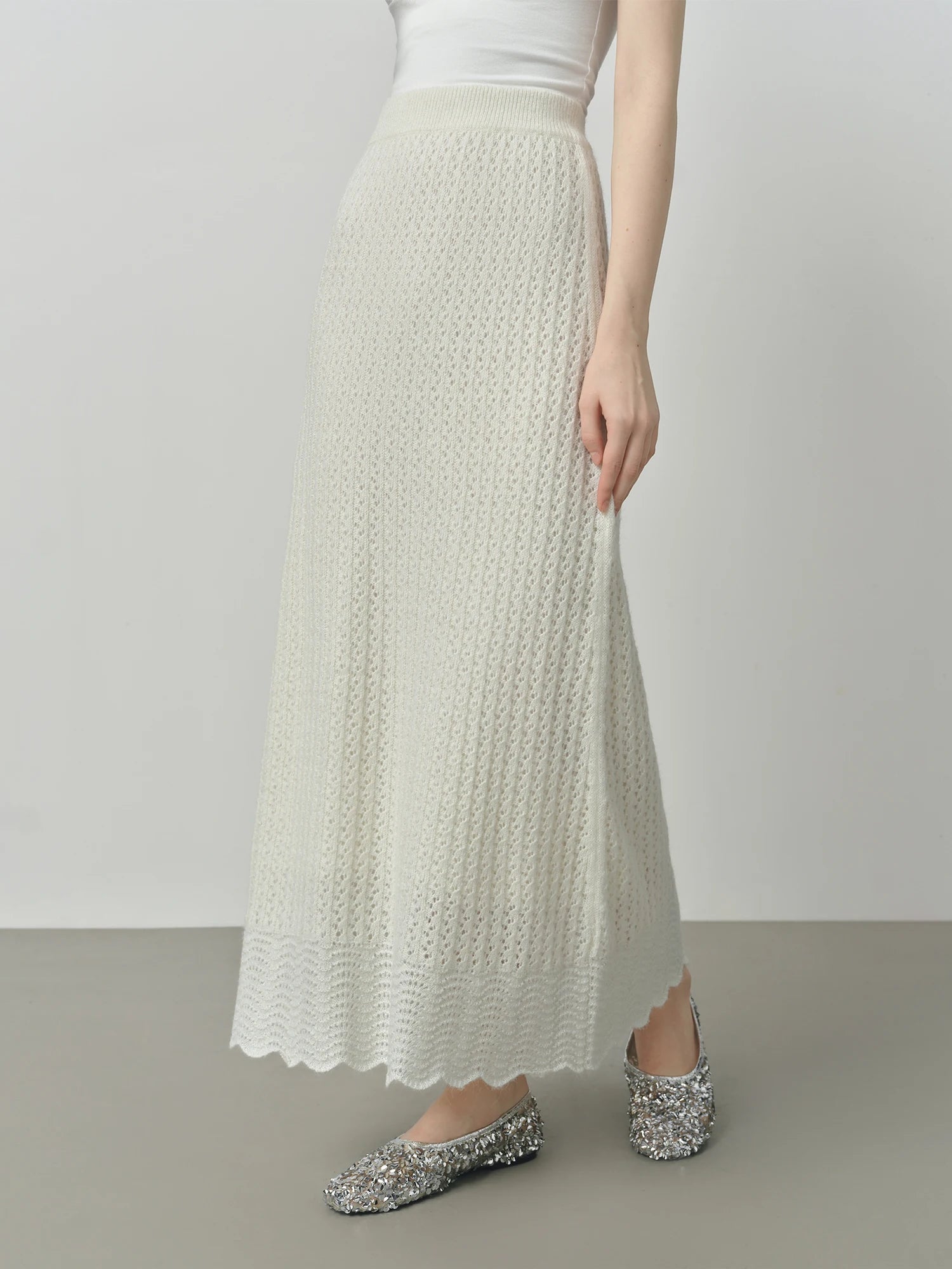 FSLE One-shoulder White Fairy Knitted Suit Set for Women Autumn 2025 New Hollow Wool Knitted Sweater