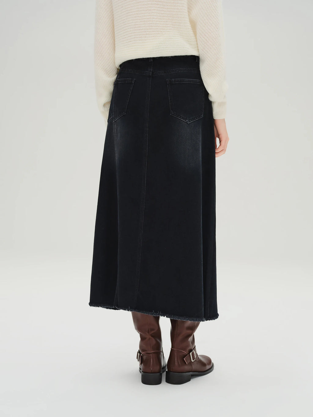 DUSHU Plus Size Women's Black Denim Skirt High Waist Slimming Long Midi Skirt 2025 Autumn Winter New Classic Stretch Casual Wear