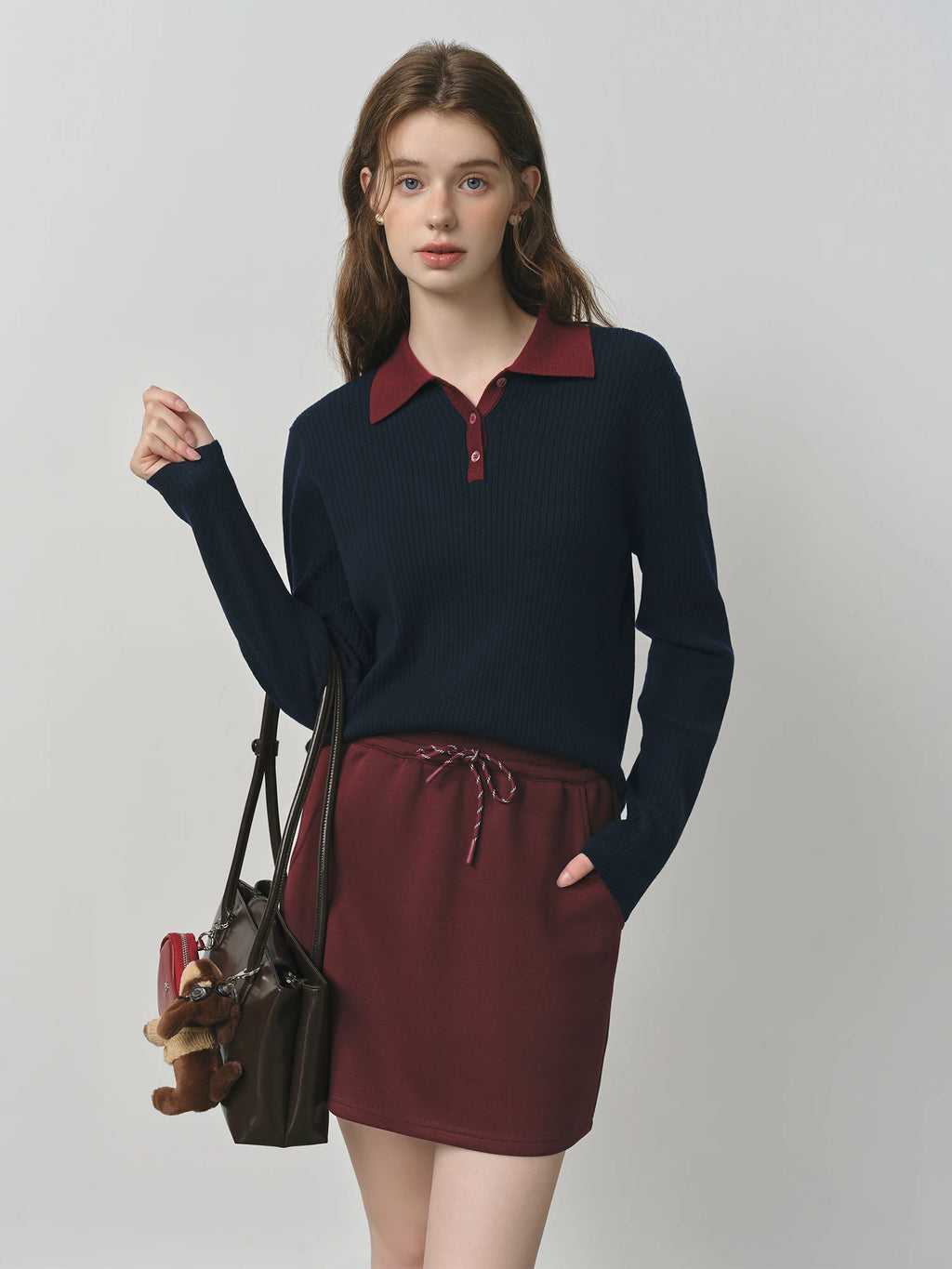 FSLE Silk and Wool Color Clash Polo Collar Knit Sweater for Women 2025 New Versatile Top Pullovers
