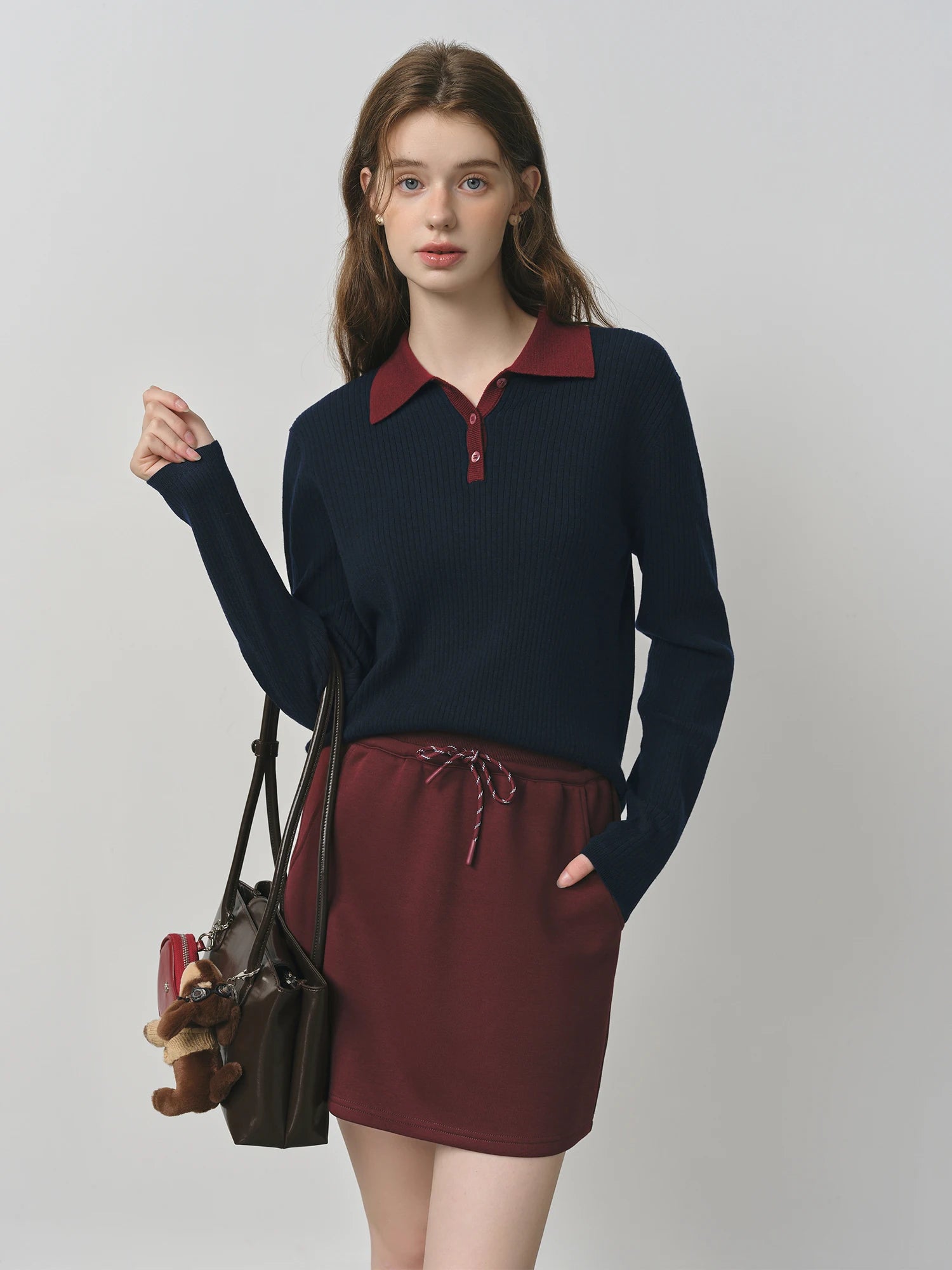 FSLE Silk and Wool Color Clash Polo Collar Knit Sweater for Women 2025 New Versatile Top Pullovers