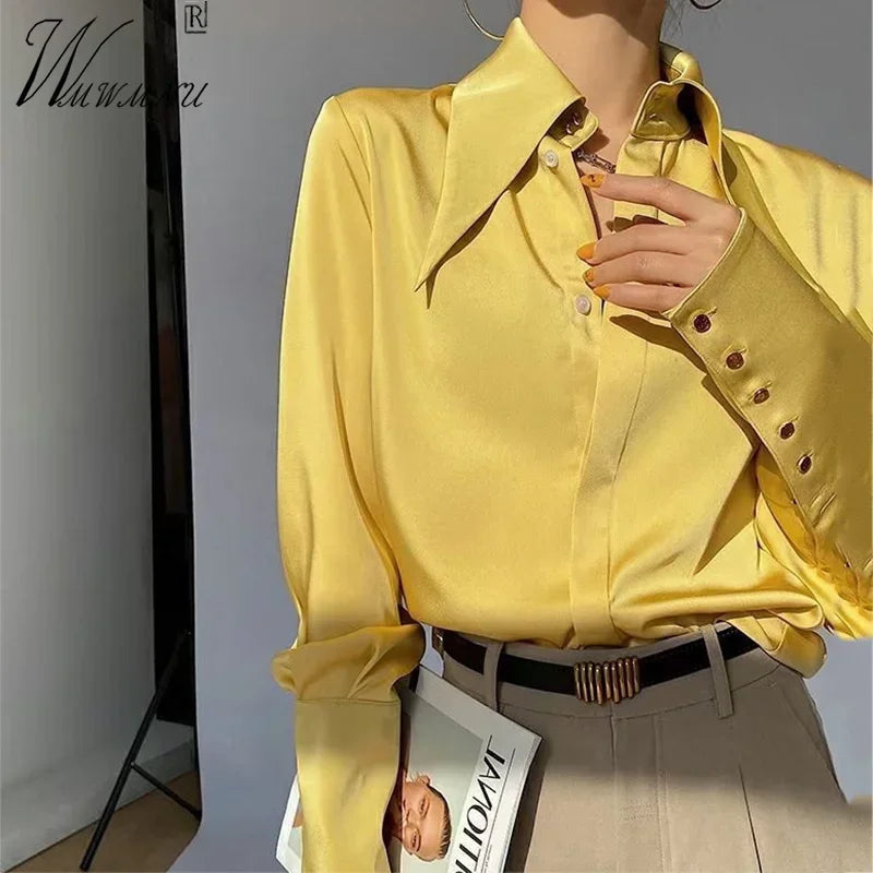 Streetwear Design Satin Shirts Blouses Women Korean Smooth Pointed Collar Camisas Casual Chic Office Tops New Long Sleeve Blusas