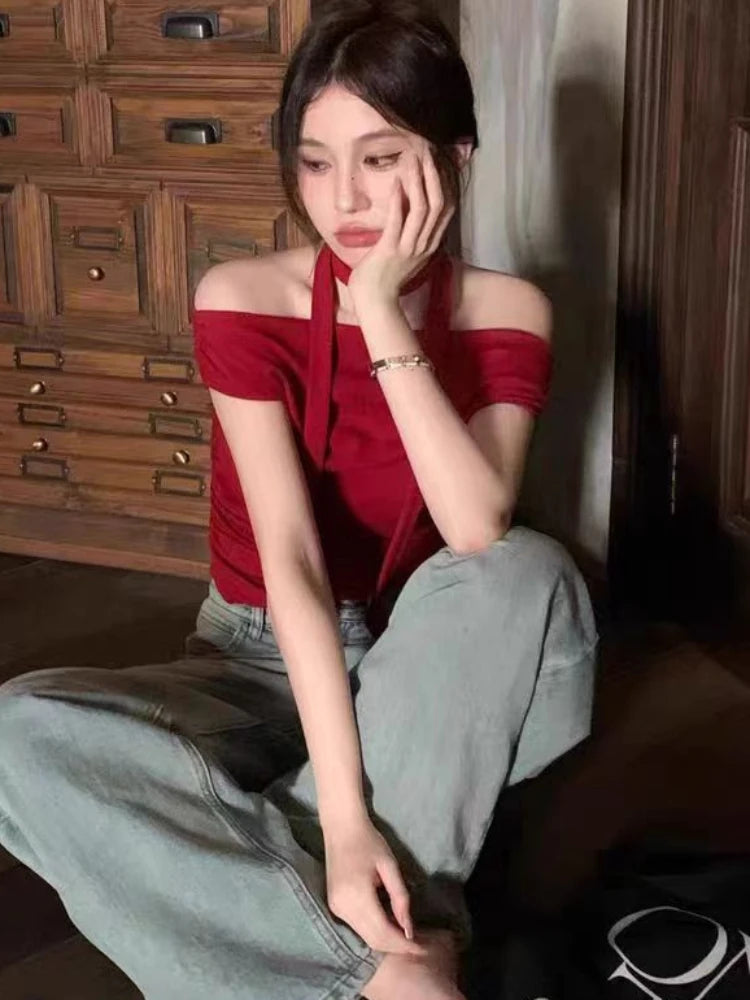 T-shirts for Women Red Eye-catching Slash Neck Sexy Summer Slim Fashion Highstreet All-match Underwear Aesthetic Simple American