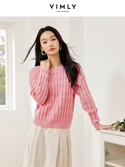 VIMLY Women Office Lady Sweater Autumn Winter O-Neck Knitwear Casual Solid Bottoming Knit Pullovers Fashion Simple Pink Warm Top