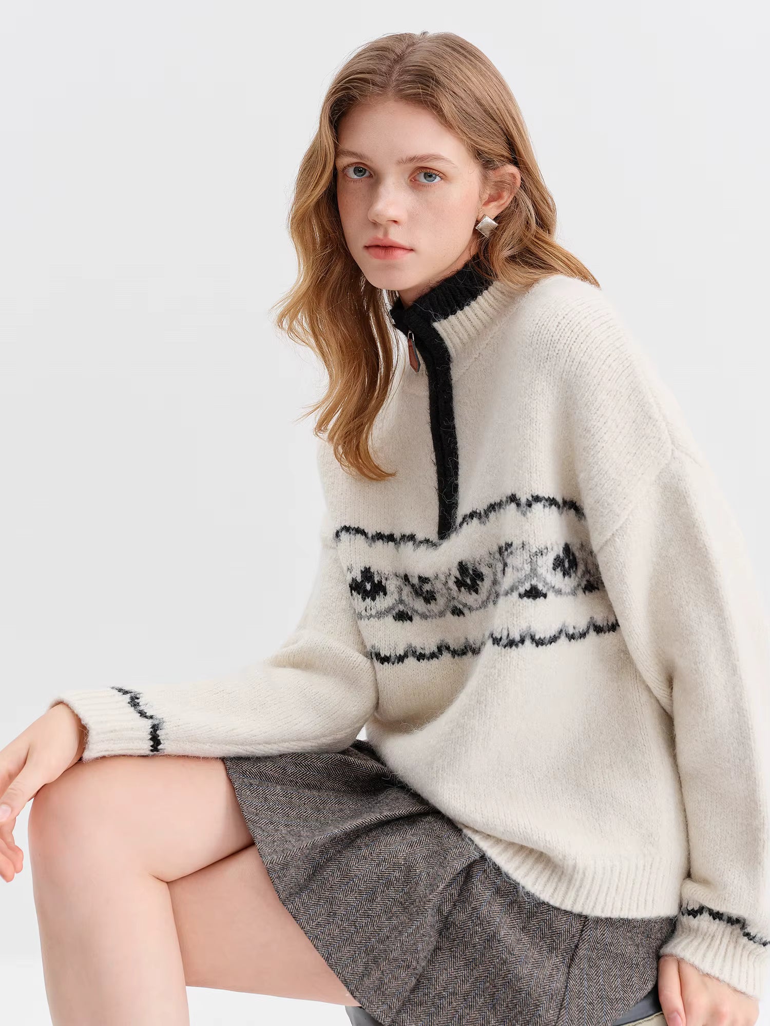 Vintage Fair Isle Jacquard Knit Sweater for Women 2025 Winter New Arrival Semi Open Front Zip-Up Pullover Winter Sweaters